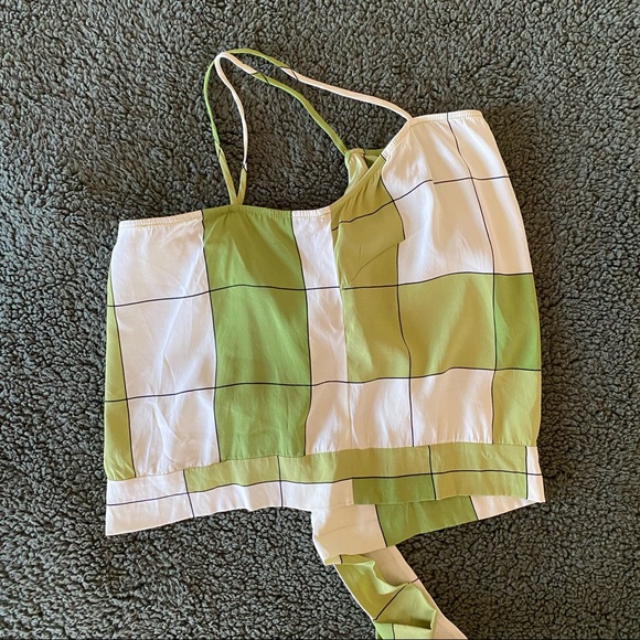 Silk Halter Crop Top Lime Green Print Plaid Summer Tube with Straps Y2K bow tie - Picture 4 of 11